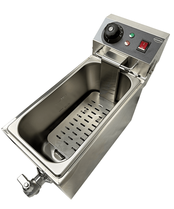 Stainless steel tabletop electric fryer with single basket and control knob view 4