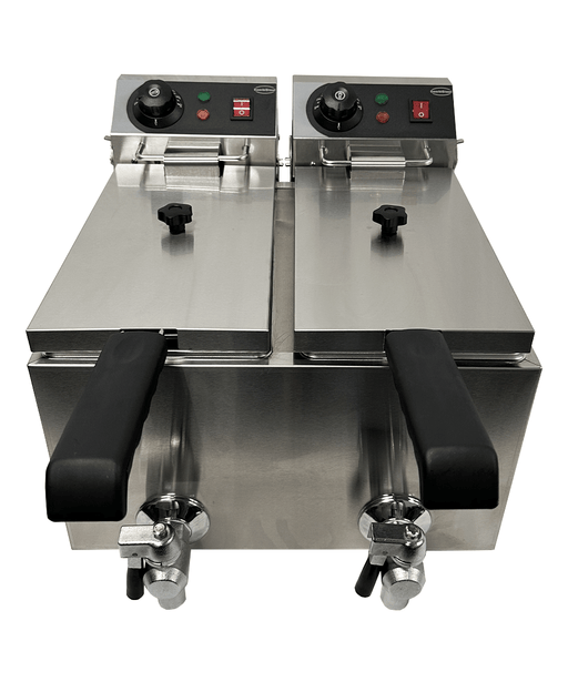 Stainless steel tabletop electric fryer with two separate frying baskets and control knobs view 2