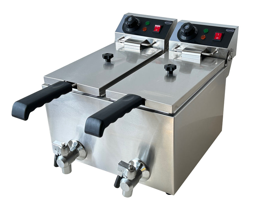 Stainless steel tabletop electric fryer with two separate frying baskets and control knobs view 4