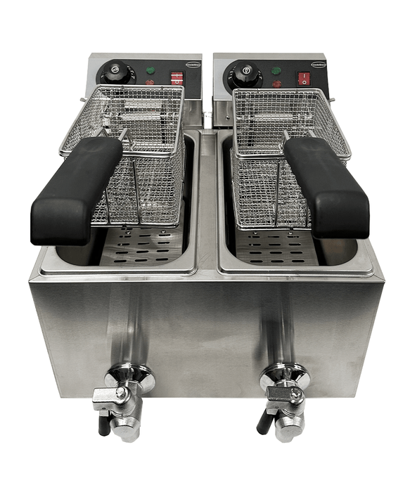 Stainless steel tabletop electric fryer with two separate frying baskets and control knobs view 3
