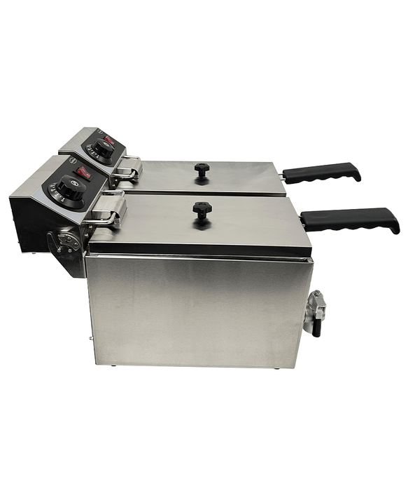 Stainless steel tabletop electric fryer with two separate frying baskets and control knobs view 5