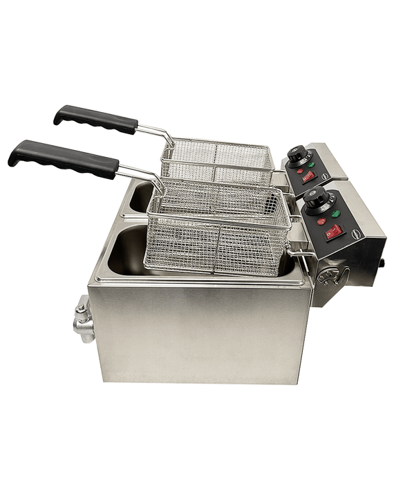 Stainless steel tabletop electric fryer with two separate frying baskets and control knobs view 7
