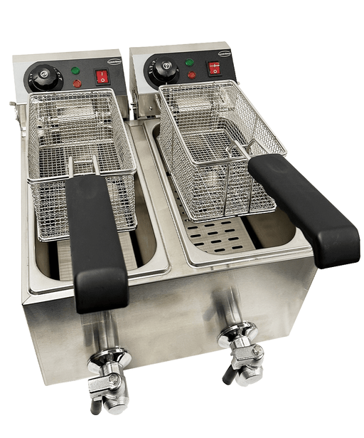 Stainless steel tabletop electric fryer with two separate frying baskets and control knobs