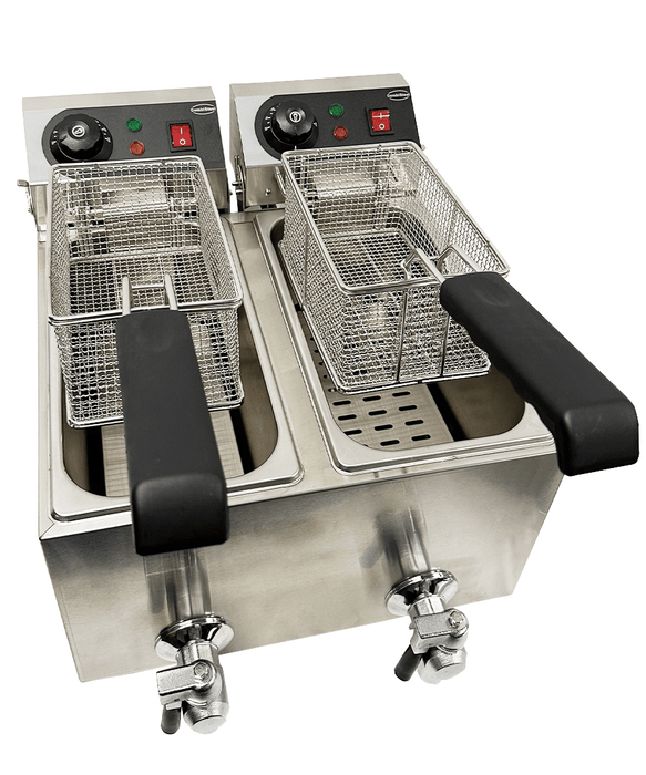 Stainless steel tabletop electric fryer with two separate frying baskets and control knobs