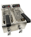 Stainless steel tabletop electric fryer with two separate frying baskets and control knobs
