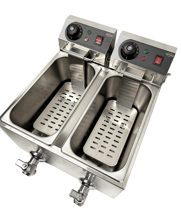 Stainless steel tabletop electric fryer with two separate frying baskets and control knobs view 6