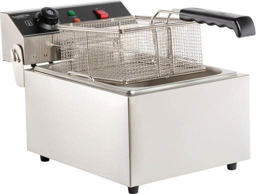 Stainless steel tabletop electric fryer with single fry basket, compact footprint view 2
