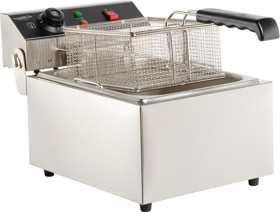 Stainless steel tabletop electric fryer with single fry basket, compact footprint view 2