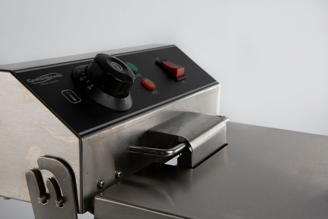 Stainless steel tabletop electric fryer with single fry basket, compact footprint view 3