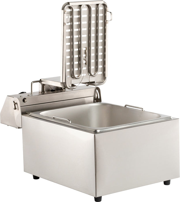 Stainless steel tabletop electric fryer with single fry basket, compact footprint view 4