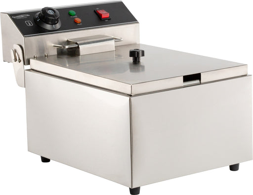 Stainless steel tabletop electric fryer with single fry basket, compact footprint