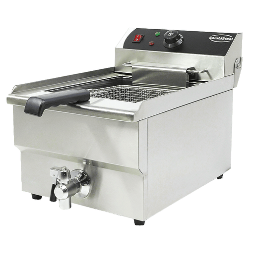 Stainless steel tabletop electric fryer with single 10 litre frying basket and drain valve view 2