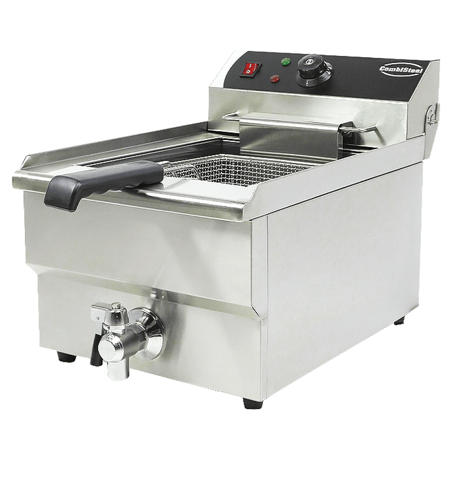 Stainless steel tabletop electric fryer with single 10 litre frying basket and drain valve view 2