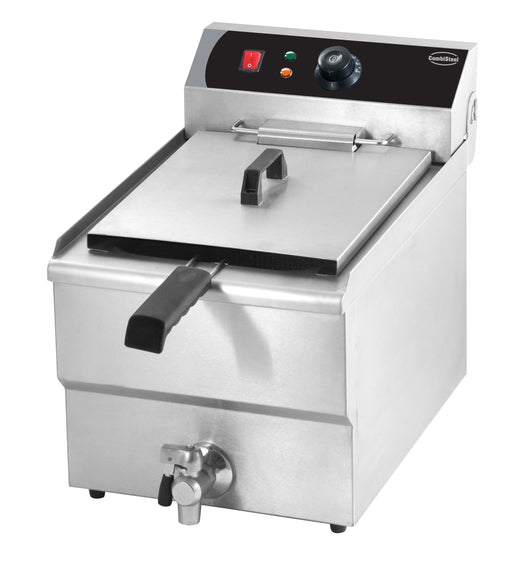 Stainless steel tabletop electric fryer with single 10 litre frying basket and drain valve