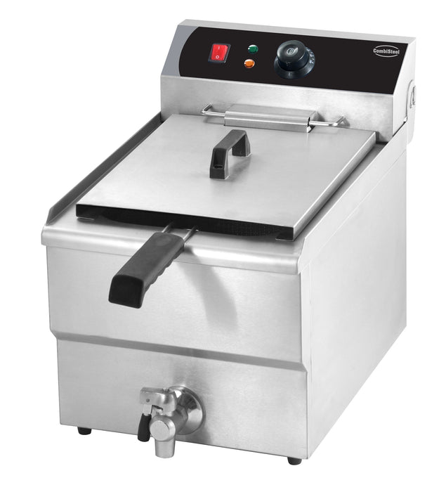 Stainless steel tabletop electric fryer with single 10 litre frying basket and drain valve