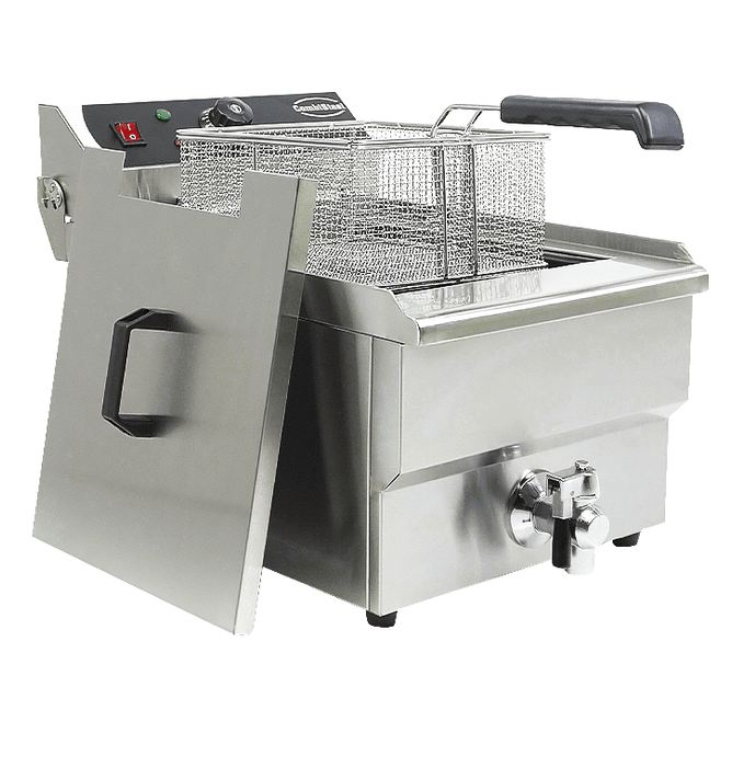 Stainless steel tabletop electric fryer with single 10 litre frying basket and drain valve view 3