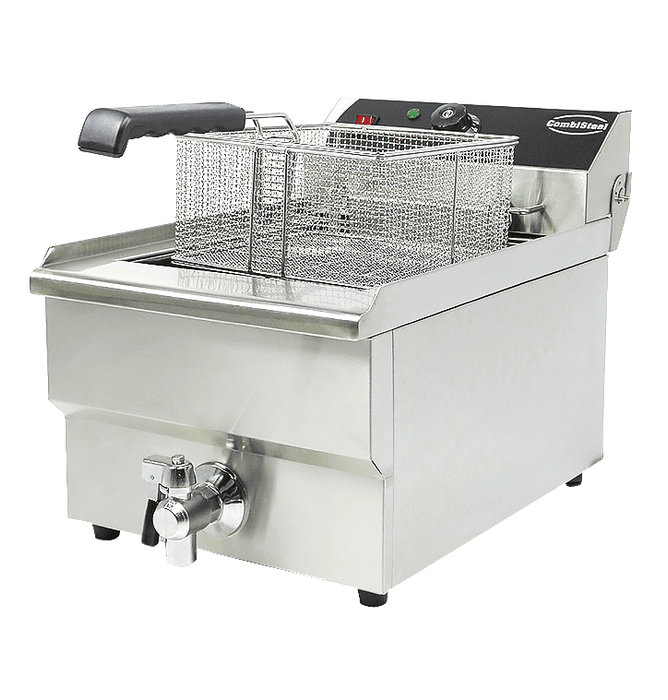 Stainless steel tabletop electric fryer with single 10 litre frying basket and drain valve view 4