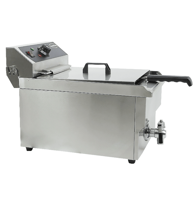 Stainless steel tabletop electric fryer with single 10 litre frying basket and drain valve view 5