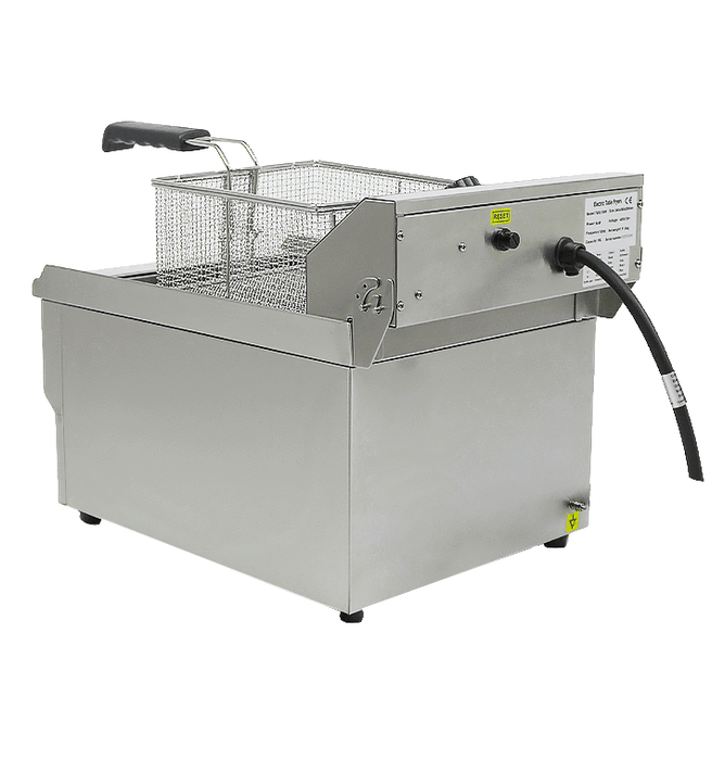 Stainless steel tabletop electric fryer with single 10 litre frying basket and drain valve view 6
