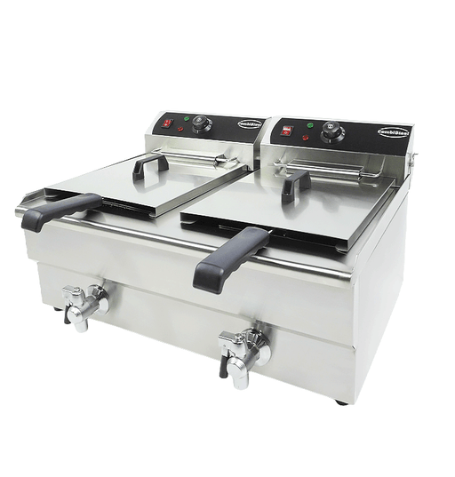 Stainless steel tabletop electric fryer with two separate fry baskets and drain valves view 2