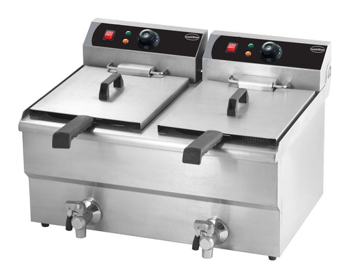 Stainless steel tabletop electric fryer with two separate fry baskets and drain valves