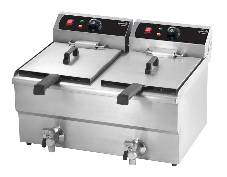 Stainless steel tabletop electric fryer with two separate fry baskets and drain valves