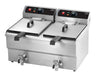 Stainless steel tabletop electric fryer with two separate fry baskets and drain valves