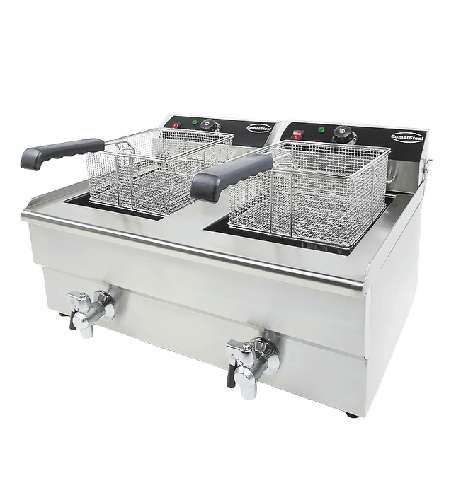 Stainless steel tabletop electric fryer with two separate fry baskets and drain valves view 3