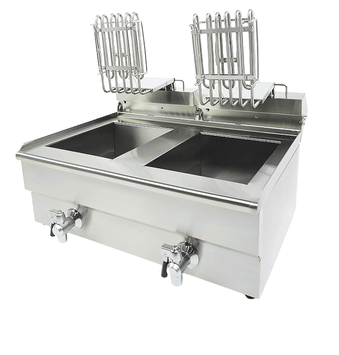 Stainless steel tabletop electric fryer with two separate fry baskets and drain valves view 4