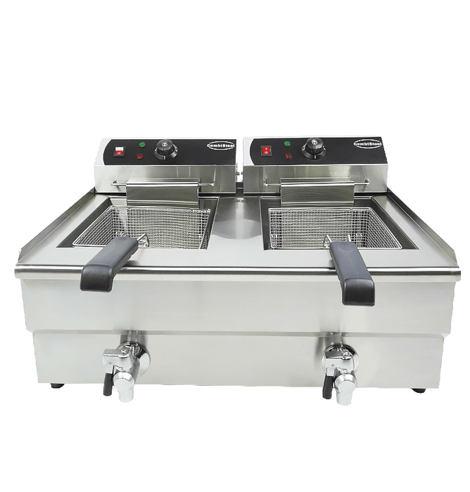 Stainless steel tabletop electric fryer with two separate fry baskets and drain valves view 5