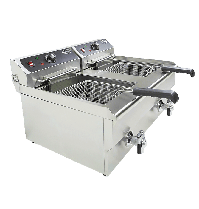 Stainless steel tabletop electric fryer with two separate fry baskets and drain valves view 6