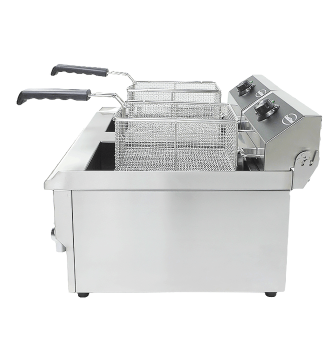 Stainless steel tabletop electric fryer with two separate fry baskets and drain valves view 7