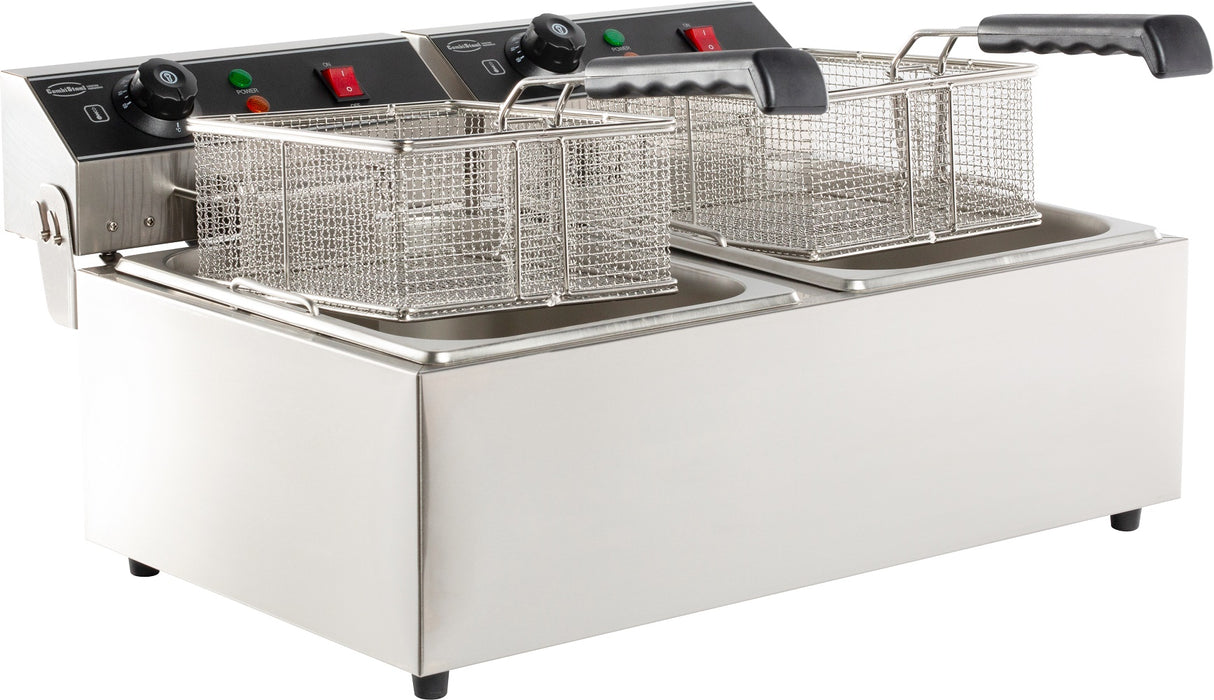 Stainless steel countertop electric fryer with two frying baskets and control knobs view 2