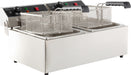 Stainless steel countertop electric fryer with two frying baskets and control knobs view 2