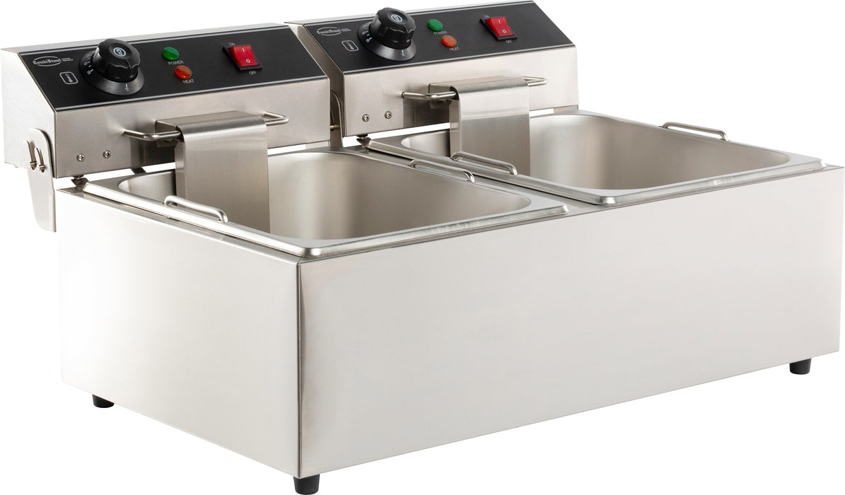 Stainless steel countertop electric fryer with two frying baskets and control knobs view 3