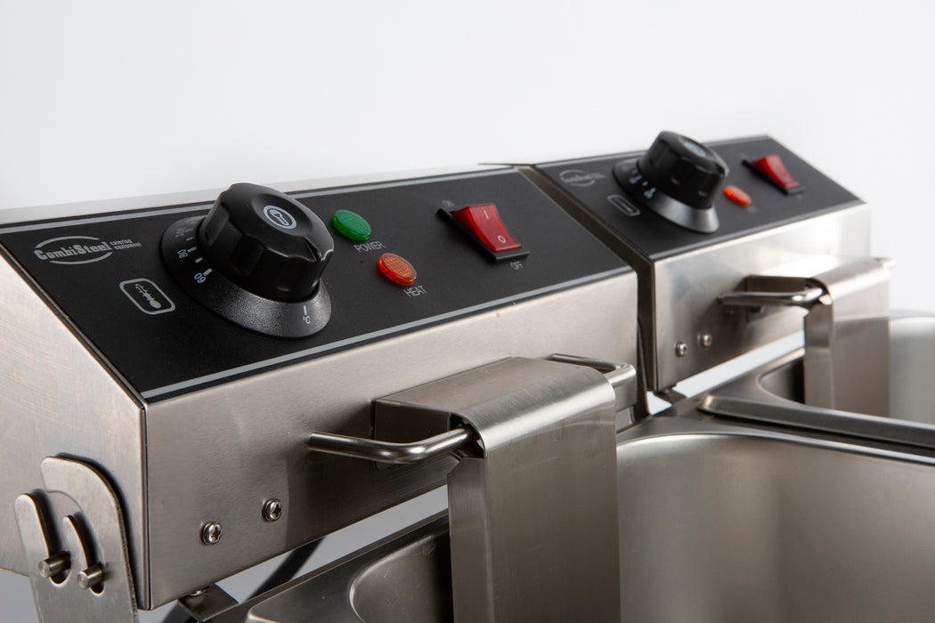 Stainless steel countertop electric fryer with two frying baskets and control knobs view 5