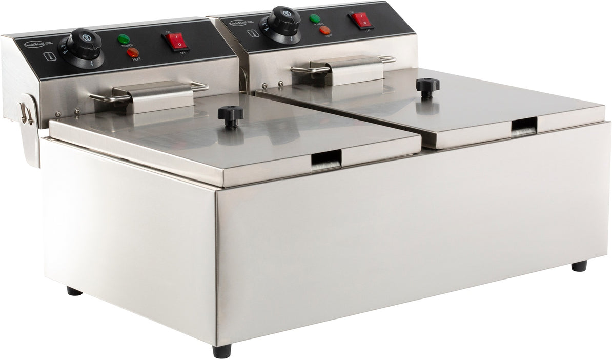 Stainless steel countertop electric fryer with two frying baskets and control knobs