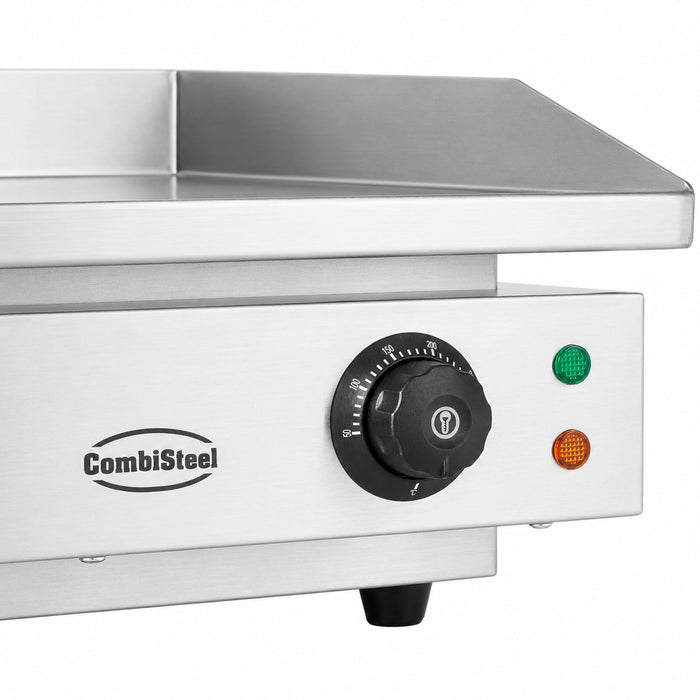 Stainless steel tabletop electric fry top griddle with smooth cooking surface and grease tray view 3
