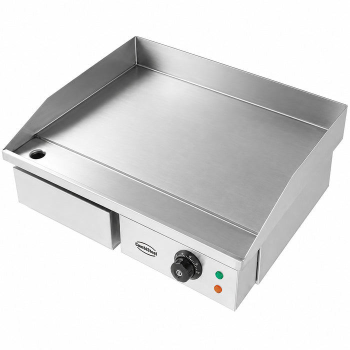 Stainless steel tabletop electric fry top griddle with smooth cooking surface and grease tray view 4
