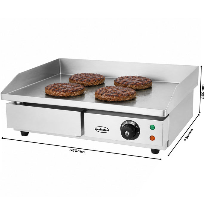 Stainless steel tabletop electric fry top griddle with smooth cooking surface and grease tray view 6