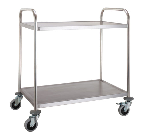 Two shelf stainless steel flat-packed serving trolley, 860mm wide, 940mm high