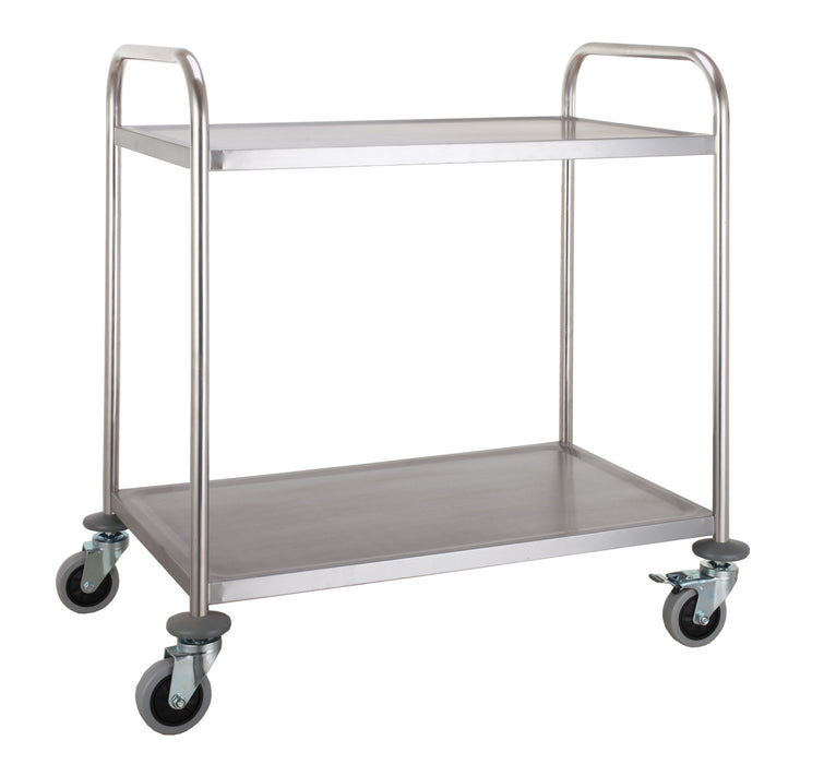 Two shelf stainless steel flat-packed serving trolley, 860mm wide, 940mm high