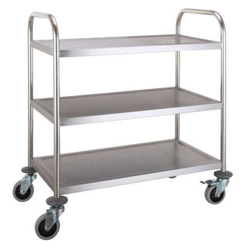 Three shelf stainless steel service trolley, flat-packed delivery, compact catering equipment