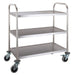 Three shelf stainless steel service trolley, flat-packed delivery, compact catering equipment