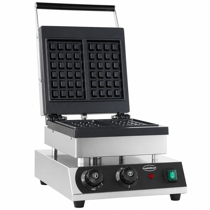 Stainless steel tabletop waffle maker with 240x240mm cooking surface