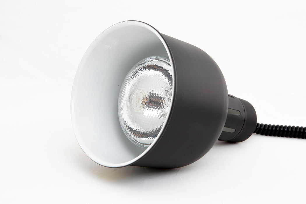 Black telescopic heat lamp with circular reflector head on adjustable stand view 2
