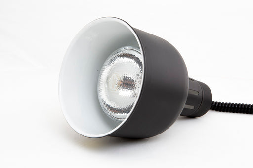 Black telescopic heat lamp with circular reflector head on adjustable stand view 2