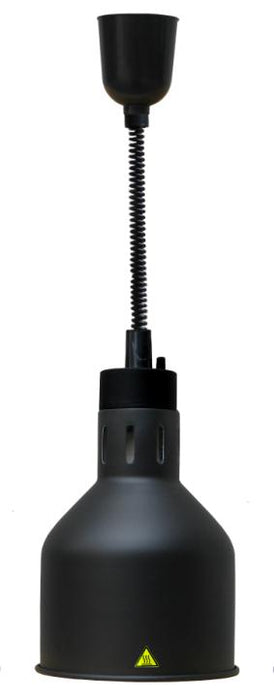 Black telescopic heat lamp with circular reflector head on adjustable stand