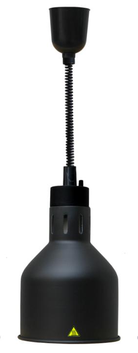 Black telescopic heat lamp with circular reflector head on adjustable stand