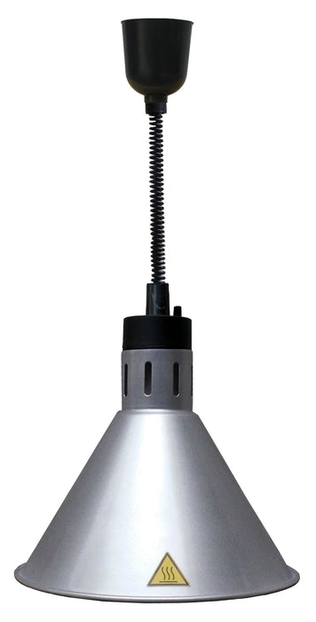 Silver telescopic heat lamp with adjustable height and 270mm diameter reflector